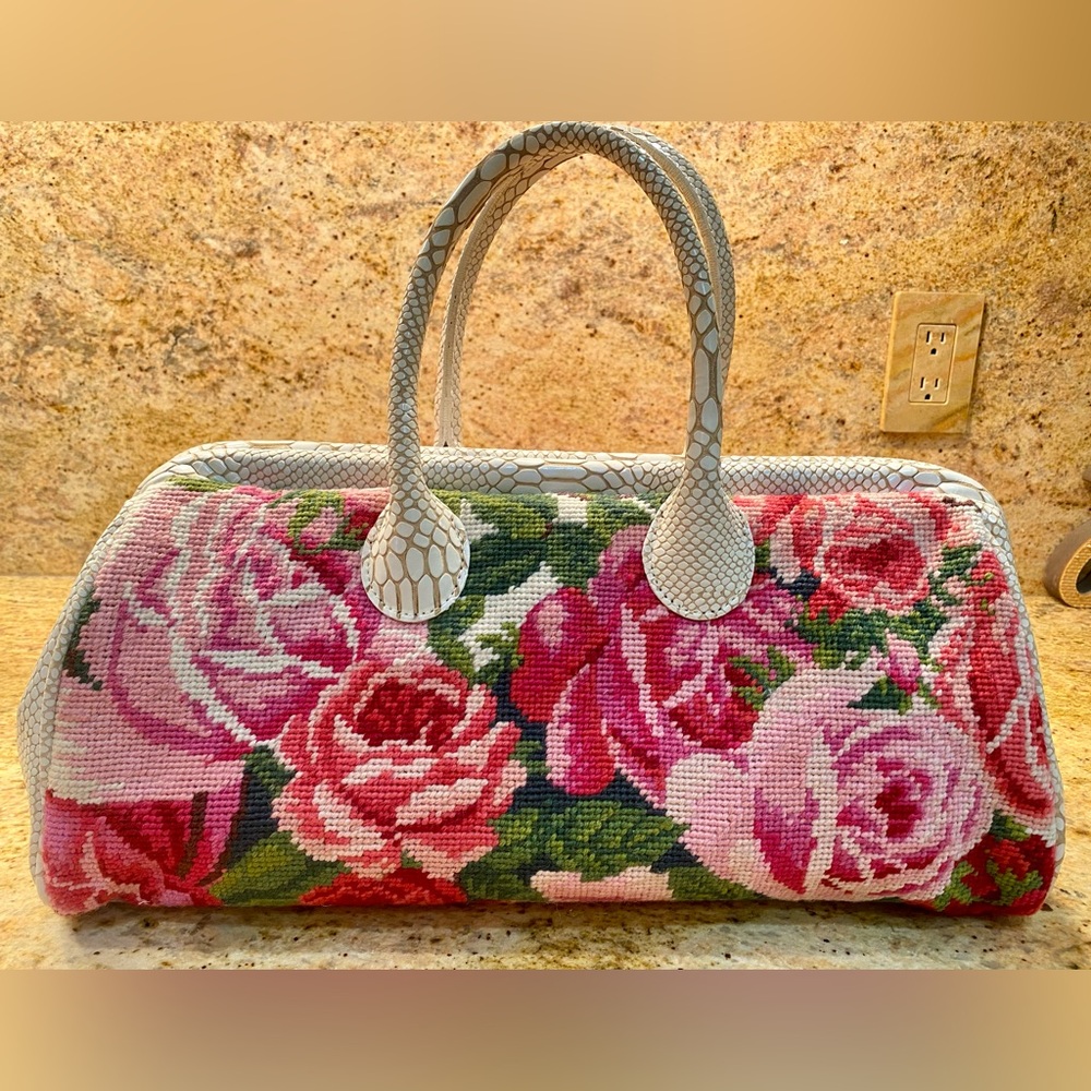 Clever Carriage Cabbage Rose Needlepoint Doctor Satchel